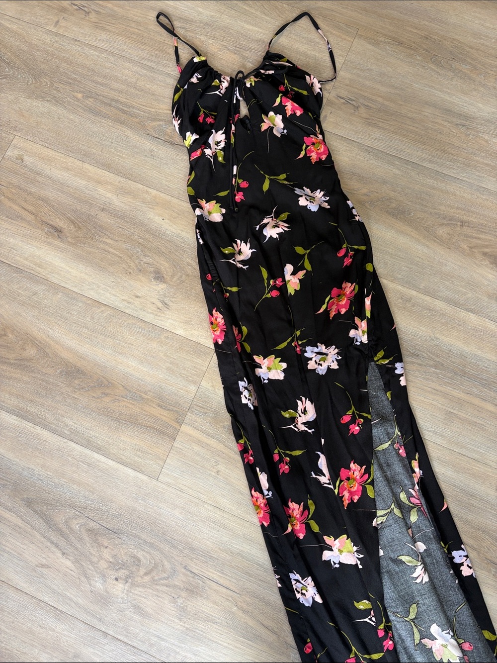 Princess Polly Black Floral Maxi Dress with Pink and Cream Blossoms